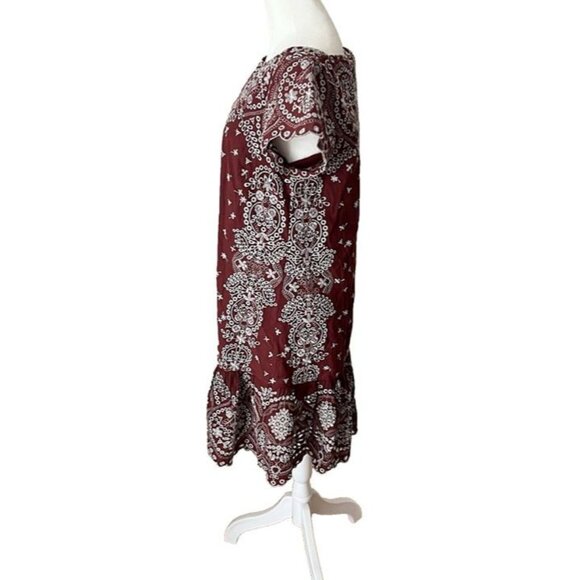 Feather Bone Anthropologie Small Brown White Eyelet Lace Embroidery Boho Dress - Picture 2 of 8